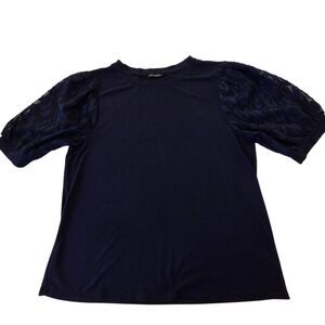 Cable and Gauge Womens Burnt-out Semi-Sheer Puffed Sleeve Blouse Navy XL